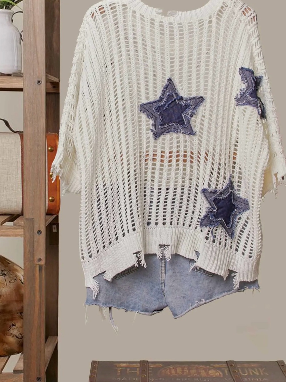 Open-Knit Star Appliqué Sweater - Cream with Blue Stars